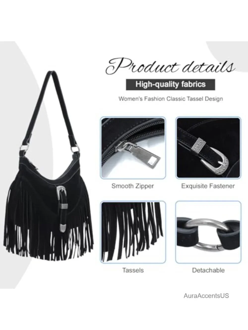 Vegan Suede Fringe Hobo Crossbody Bag for Women Boho Western